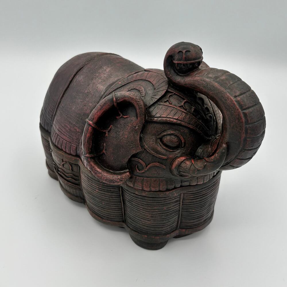 Vintage Molded Composite Elephant Trinket Box Lidded Stash Jar - Raised Trunk
